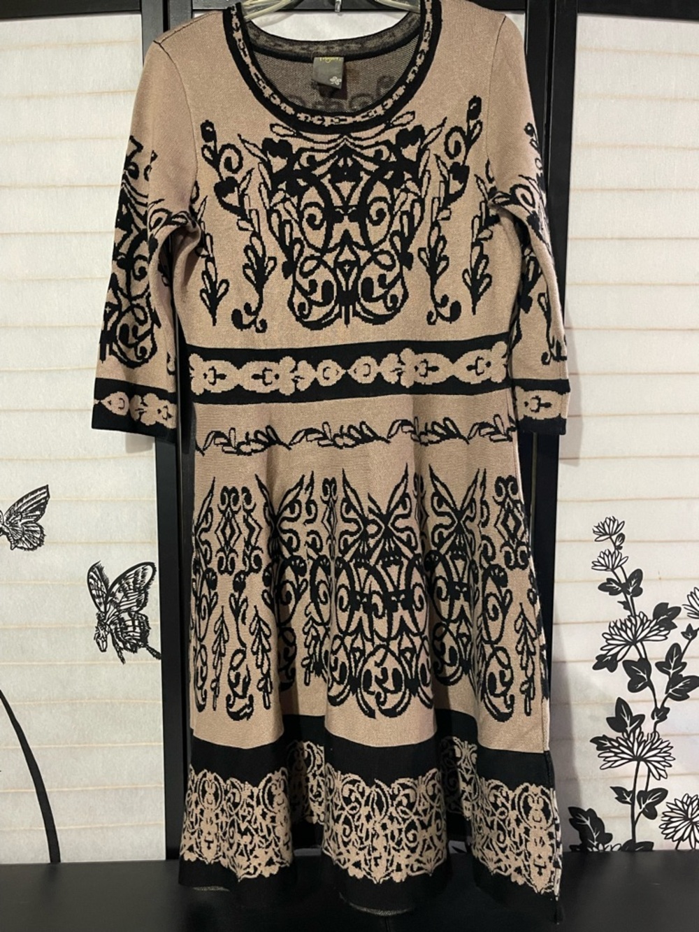 Taylor Beige and Black Long Sleeve Fit-and-Flare Dress